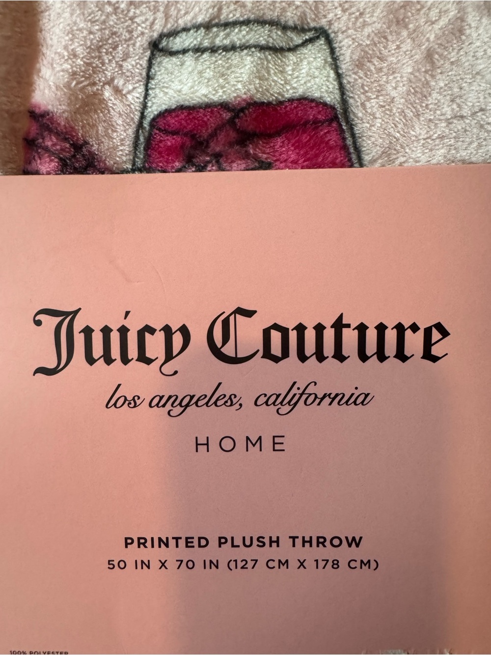 Juicy Couture Pink Plush Throw with Wine Glass Motif